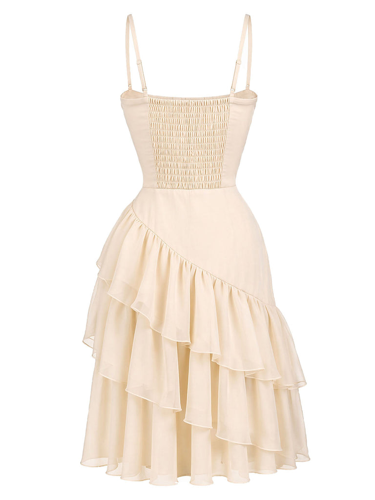 [Prévente] Robe nuisette beige froncée à volants et ourlet asymétrique années 1930 - 3
