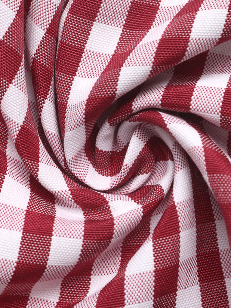 Robe rouge à carreaux vichy, taille empire et dos nu à nœud années 1960 - 3