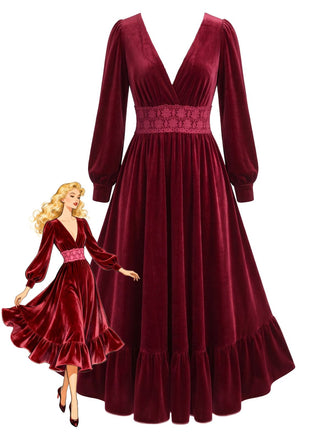 Robe Rouge en Velours à Col V, Taille en Dentelle et Volants Années 1950 - 1