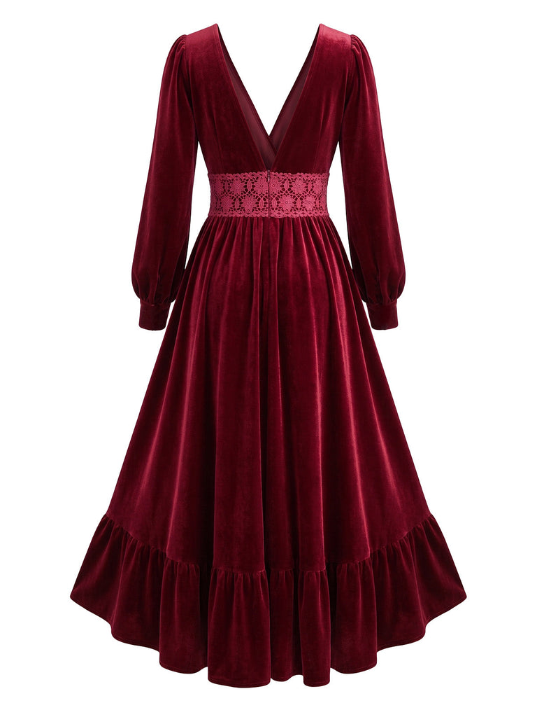 Robe Rouge en Velours à Col V, Taille en Dentelle et Volants Années 1950 - 3