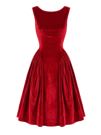 Robe rouge sans manches en velours à dos drapé années 1950 - 2