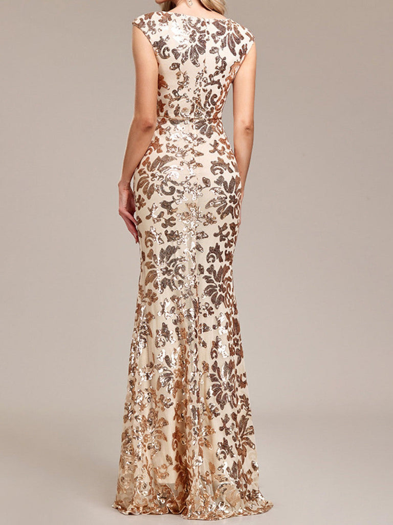 Robe sirène dorée à sequins floraux et manches courtes années 1920 - 2