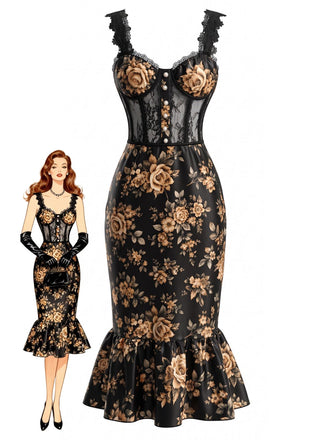 Robe sirène en tulle floral à corset et bretelles en dentelle Années 1930 - 1