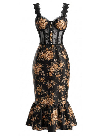 Robe sirène en tulle floral à corset et bretelles en dentelle Années 1930 - 2