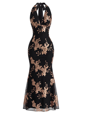Robe Sirène Noire Gatsby à Paillettes Florales et Col Halter Années 1920 - 1