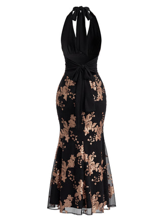 Robe Sirène Noire Gatsby à Paillettes Florales et Col Halter Années 1920 - 2