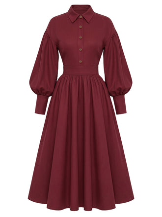 [Prévente] Robe Unie Bordeaux à Col Chemise et Manches Lanternes Années 1950 - 2