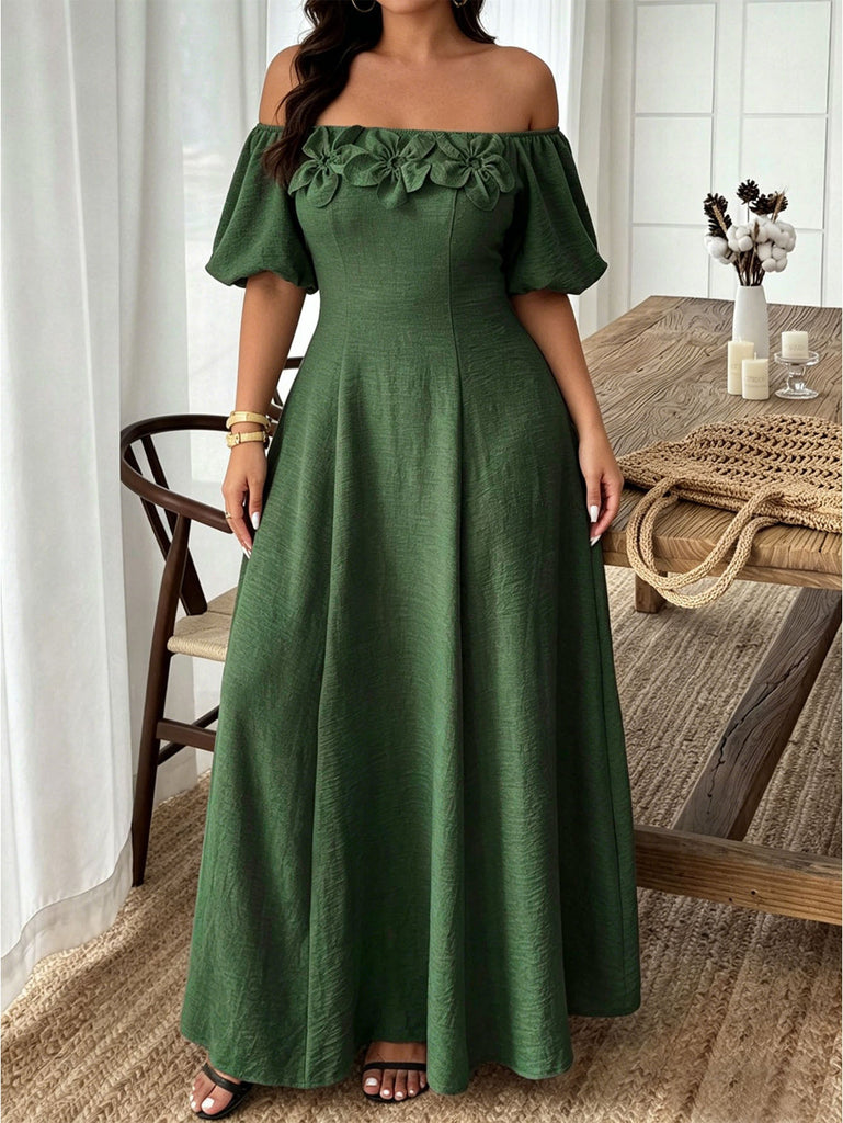 [Grande Taille] Robe Vert Foncé Fleurie à Épaules Dénudées Années 1950 - 2