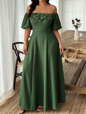 [Grande Taille] Robe Vert Foncé Fleurie à Épaules Dénudées Années 1950 - 2