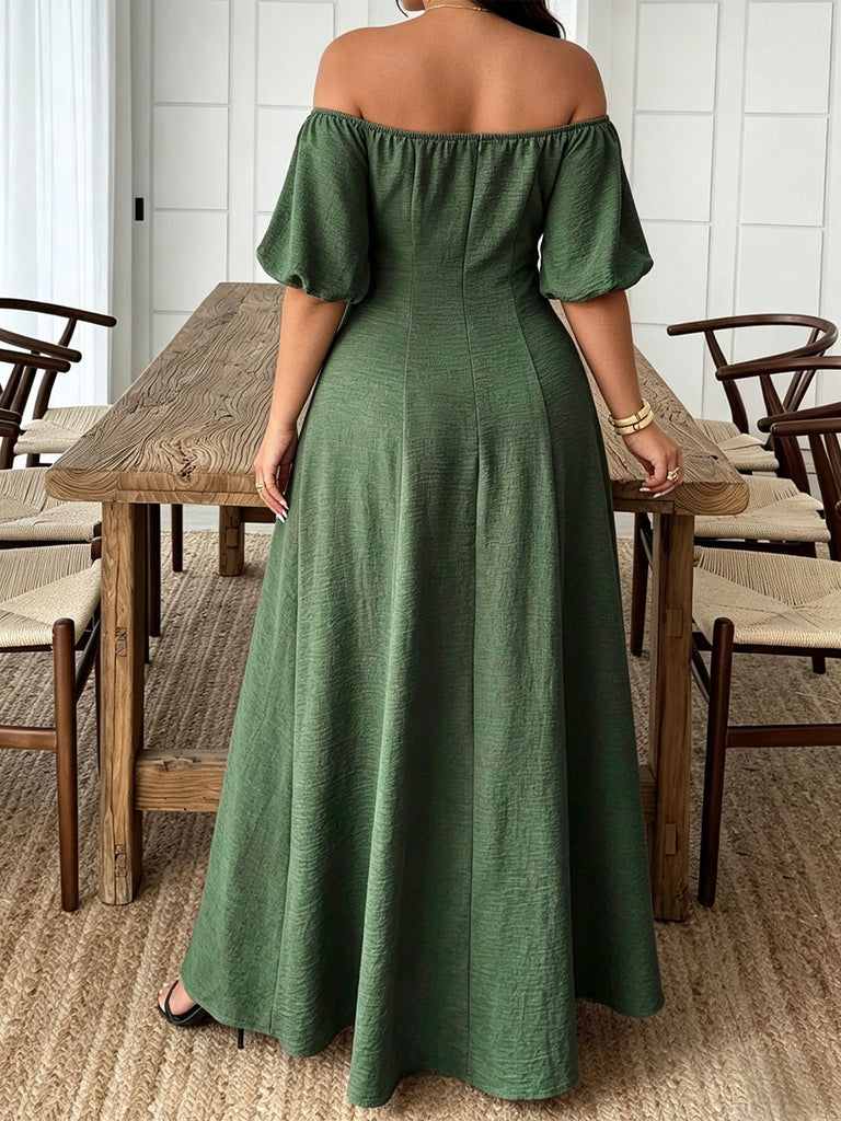 [Grande Taille] Robe Vert Foncé Fleurie à Épaules Dénudées Années 1950 - 3