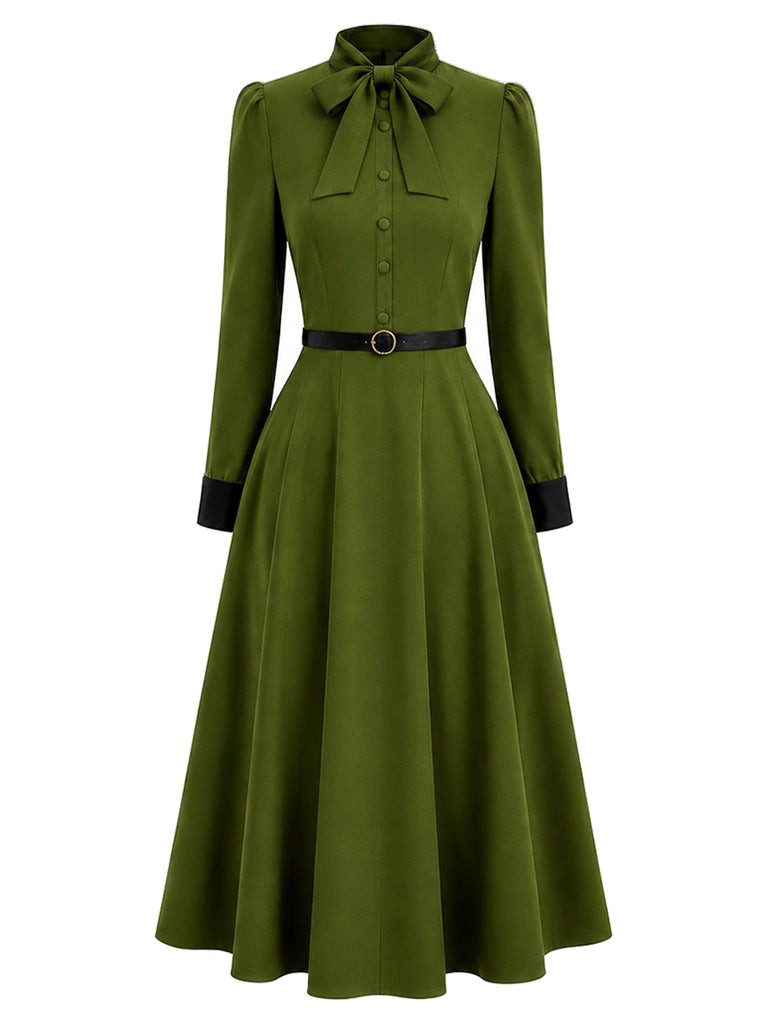 [Prévente] Robe verte ceinturée à nœud au col et poignets contrastants années 1940 - 2