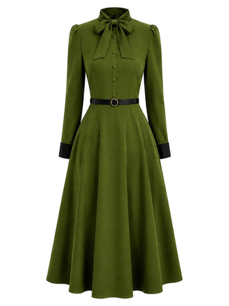 [Prévente] Robe verte ceinturée à nœud au col et poignets contrastants années 1940 - 2