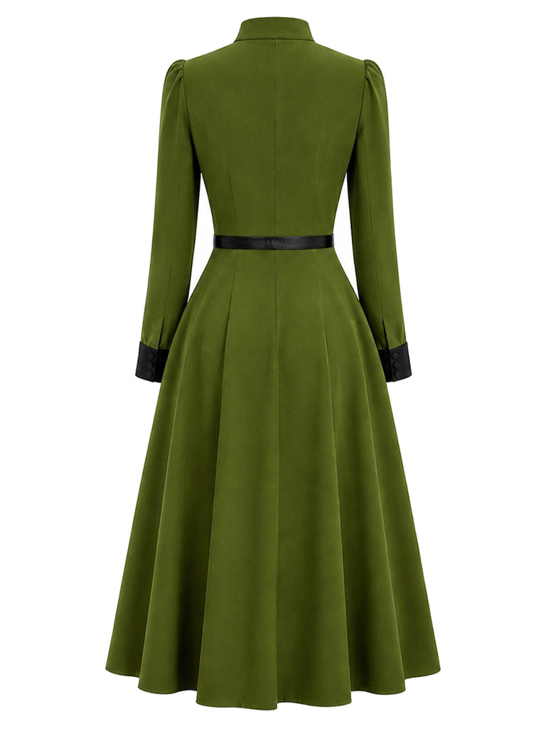 [Prévente] Robe verte ceinturée à nœud au col et poignets contrastants années 1940 - 3