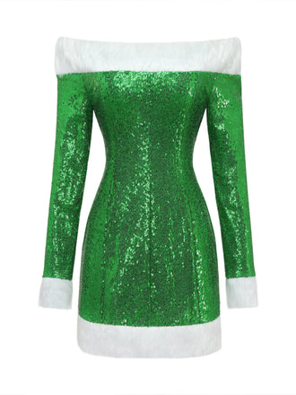 Robe verte de Noël à épaules dénudées, fausse fourrure blanche et sequins Années 1980 - 2