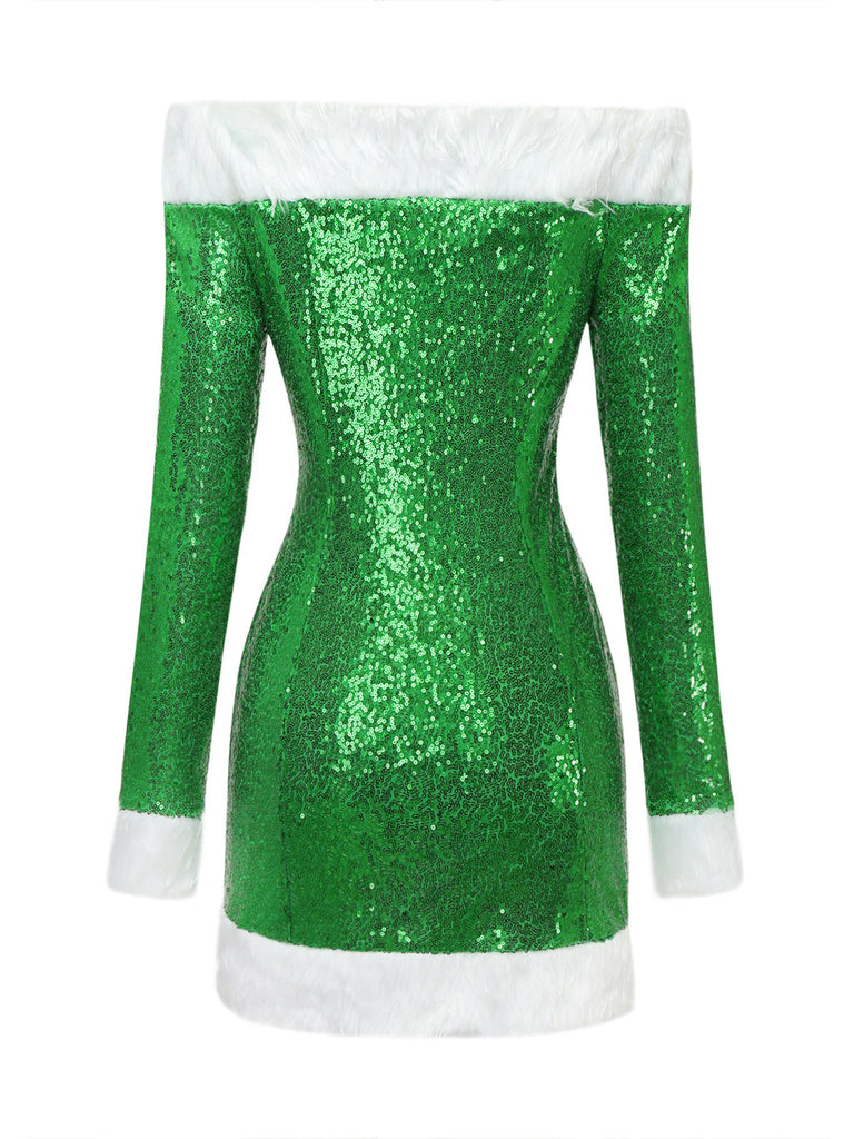 Robe verte de Noël à épaules dénudées, fausse fourrure blanche et sequins Années 1980 - 3