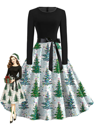 Robe verte de Noël à manches longues et ceinture à nœud Années 1950 - 1