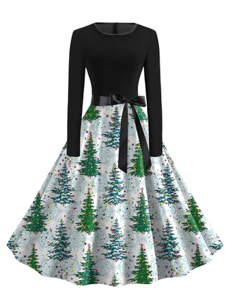 Robe verte de Noël à manches longues et ceinture à nœud Années 1950 - 2
