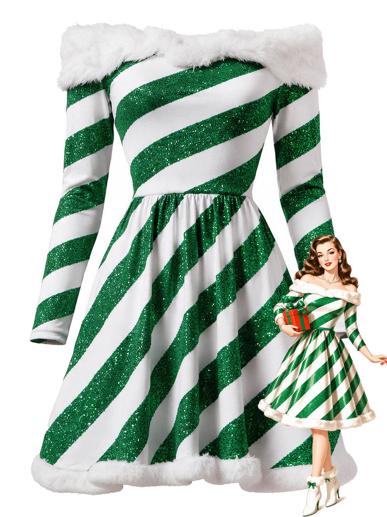 [Prévente] Robe Verte de Noël à Rayures Sucre d’Orge et Épaules Dénudées Années 1950 - 1