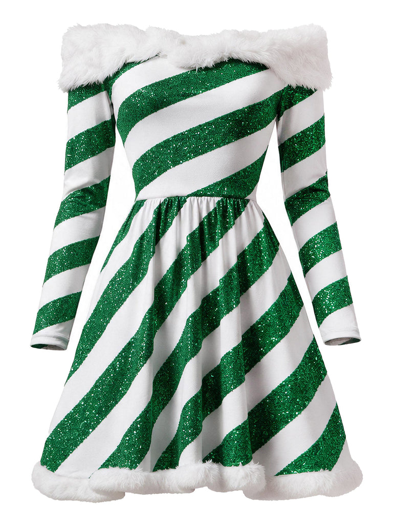 [Prévente] Robe Verte de Noël à Rayures Sucre d’Orge et Épaules Dénudées Années 1950 - 2