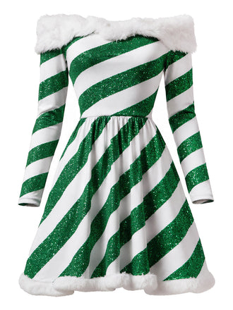 [Prévente] Robe Verte de Noël à Rayures Sucre d’Orge et Épaules Dénudées Années 1950 - 2