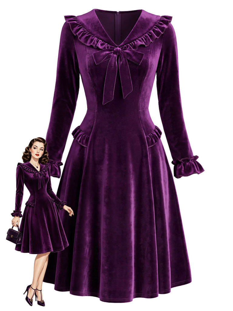 [Prévente] Robe violette en velours à volants, nœud et manches longues Années 1950 - 1