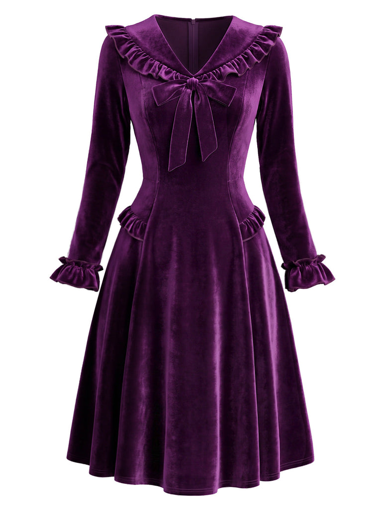 [Prévente] Robe violette en velours à volants, nœud et manches longues Années 1950 - 2