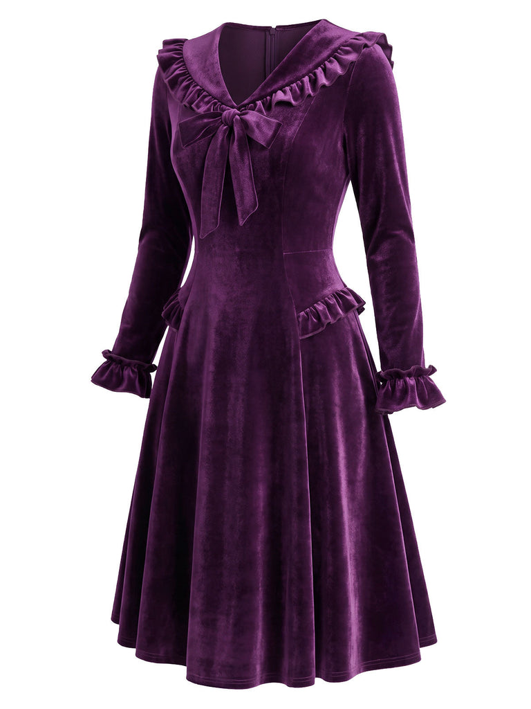 [Prévente] Robe violette en velours à volants, nœud et manches longues Années 1950 - 3