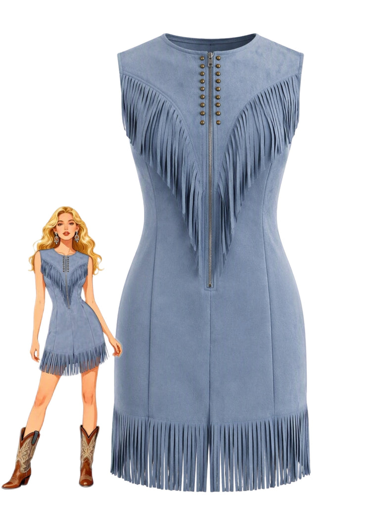 Robe western en suédine à col V zippé, clous et franges années 1970 - 1
