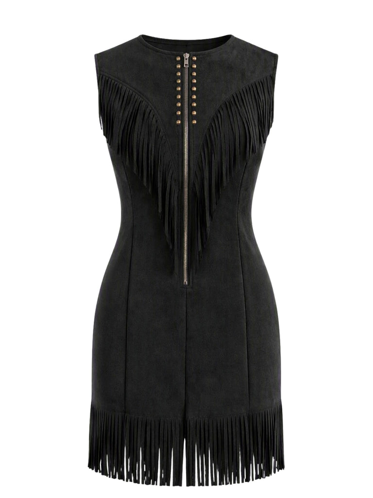 Robe western en suédine à col V zippé, clous et franges années 1970 - 7