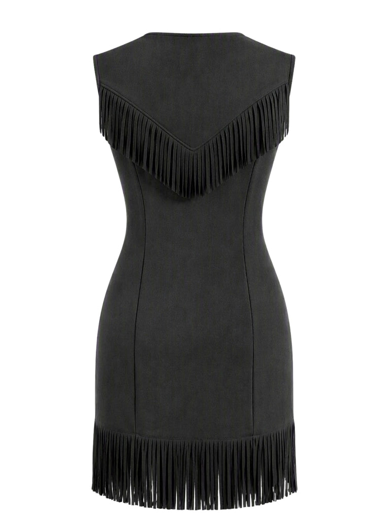 Robe western en suédine à col V zippé, clous et franges années 1970 - 8