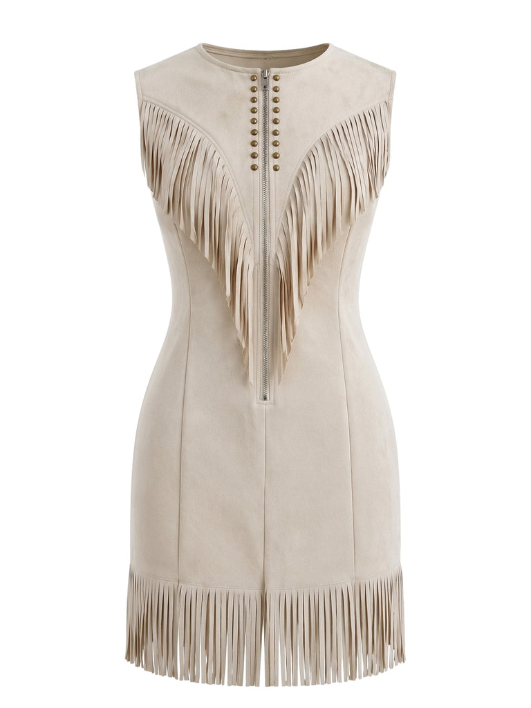 Robe western en suédine à col V zippé, clous et franges années 1970 - 9