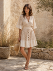Robe Courte Bohème En Dentelle Beige Années 1970