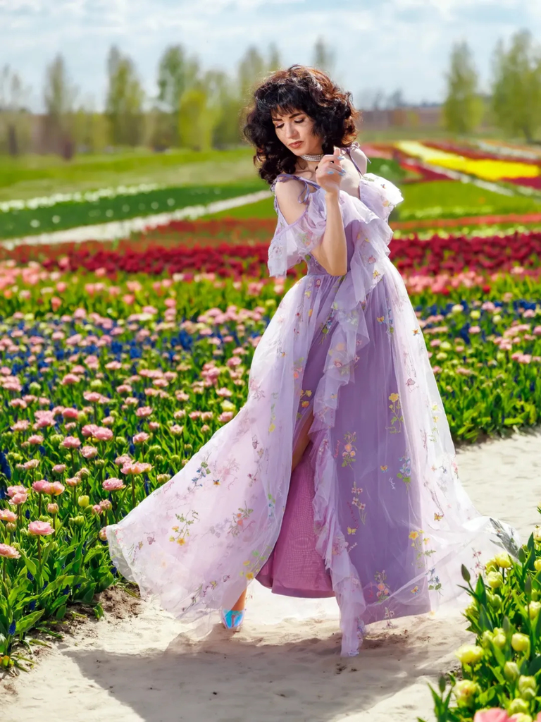 Robe longue violette fendue tulle fleurs 1970s