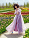 Robe longue violette fendue tulle fleurs 1970s
