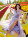 Robe longue violette fendue tulle fleurs 1970s