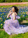 Robe longue violette fendue tulle fleurs 1970s