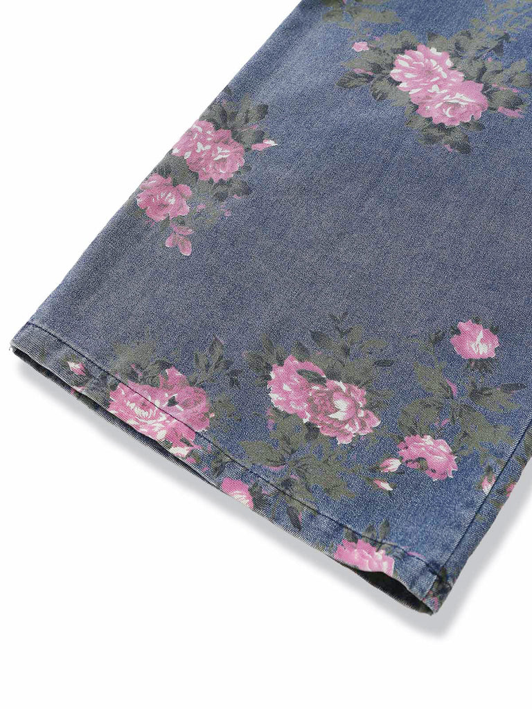 Salopette en denim bleu à fleurs et jambes larges années 1940 - 2