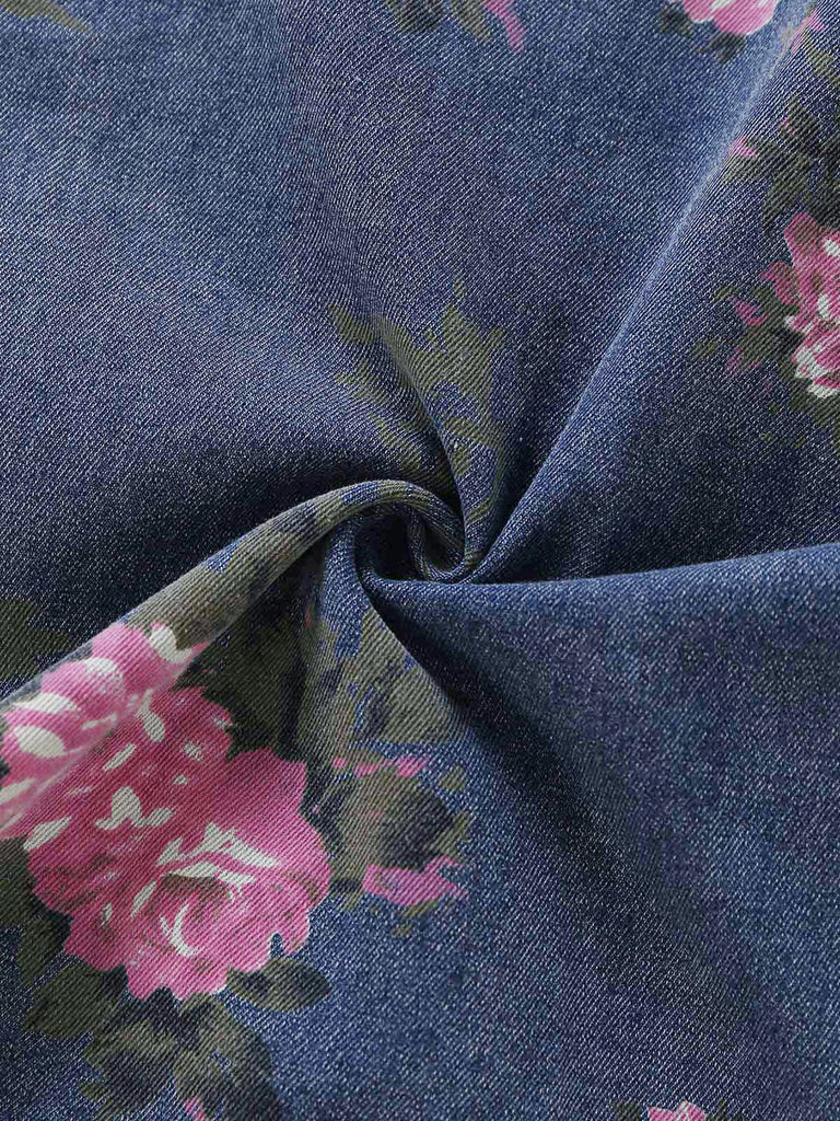 Salopette en denim bleu à fleurs et jambes larges années 1940 - 3