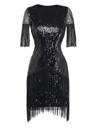 Front view of the black sequin cocktail dress with fringe detailing on the sleeves and skirt.