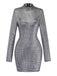 Retro-inspired silver sequined mini dress with shimmering square patterns and mock neck collar, ideal for parties and special occasions