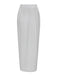Back view of the shimmering silver high-waisted maxi skirt on a clean white background.