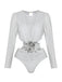 Front view of the silver shimmer long-sleeve bodysuit showing the waist cut-out and sophisticated pleated detailing.