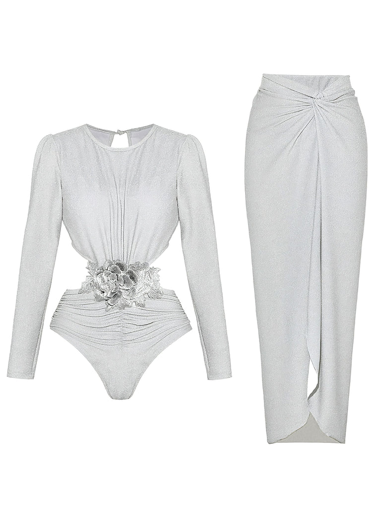 Flat lay view of the silver shimmer bodysuit and the matching high-waisted long skirt laid out separately.