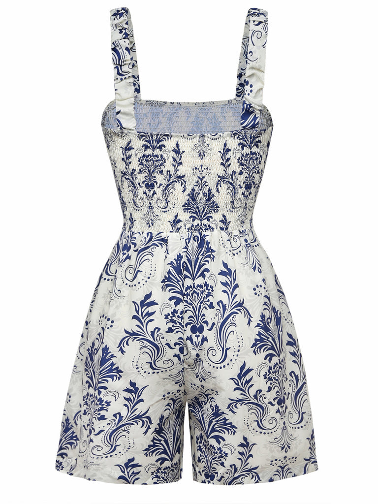 Bleu Baroque Smocké Bretelles Combishort Années 1970 3