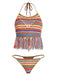 Multicolore Rayé Pompon Crochet Halter Ensemble Bikini Années 1970 2