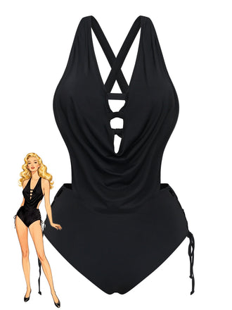 Tankini noir vintage avec découpes croisées et laçage style années 40