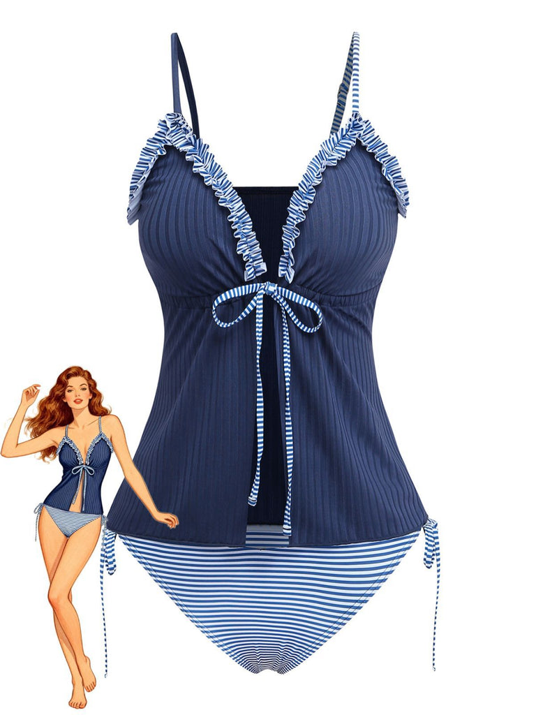 Tankini bleu marine à rayures avec haut à volants et nœud sur le devant, style maillot de bain vintage des années 1950