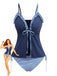 Tankini bleu marine à rayures avec haut à volants et nœud sur le devant, style maillot de bain vintage des années 1950
