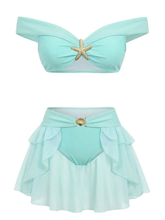 Retro 1970s teal off-shoulder bikini featuring princess-inspired ruffled details and boho design, ideal for summer beach trips and resort wear