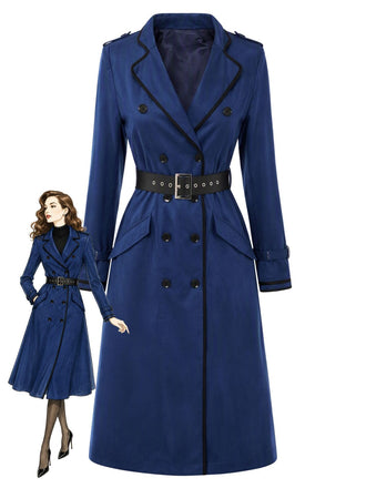 Trench bleu foncé à double boutonnage, ceinture et détails contrastants années 1950 - 1